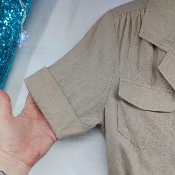 Tahari Linen Explorer Style Button-Up Dress SZ S Belt Pockets Midi Short Sleeve - Picture 6 of 16